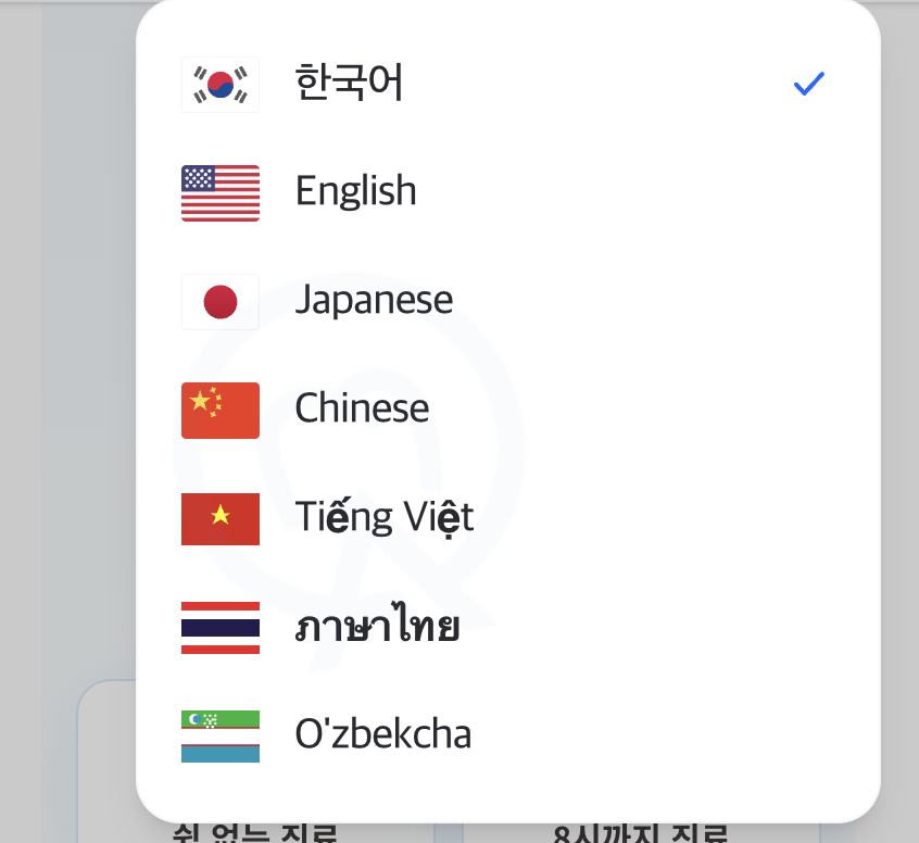 병원 홈페이지의 다국어 선택 화면 예시 — 영어·일본어·중국어·베트남어·태국어·우즈벡어 지원